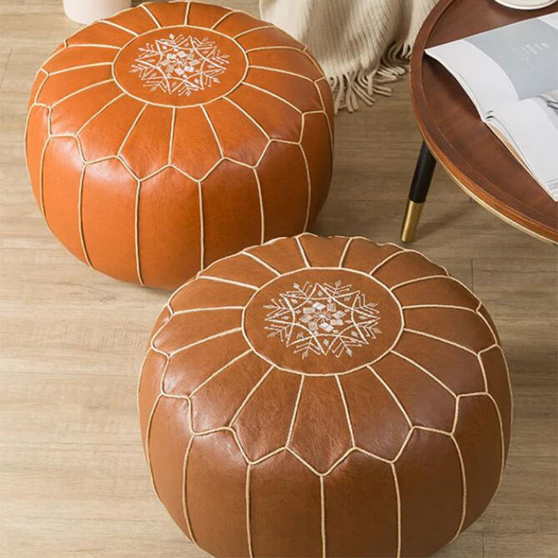 Embroidered Moroccan Leather Pouf Cover