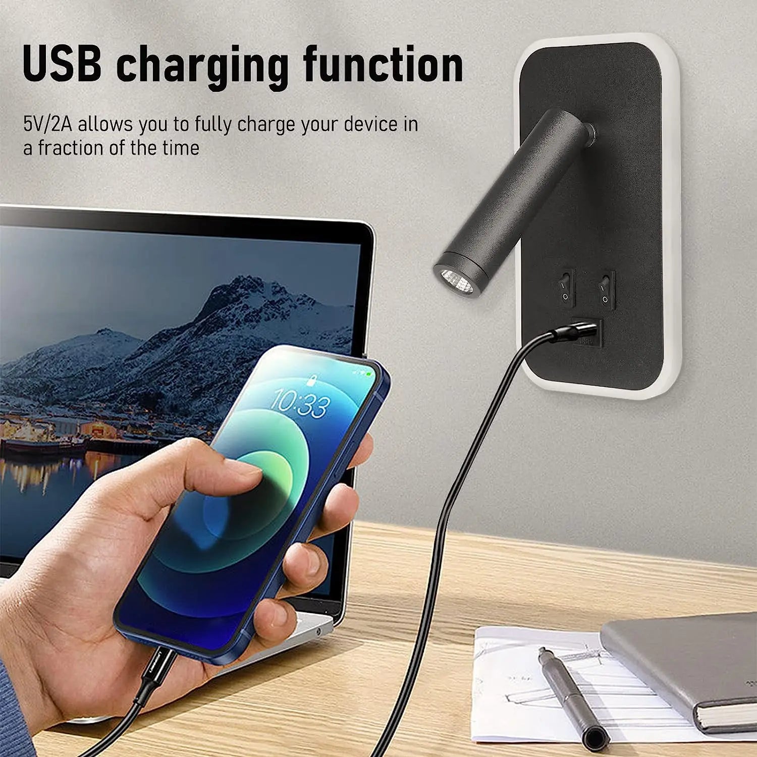 Bedside Wall Lamp, LED Wall Light, Wall Mounted Reading Light with