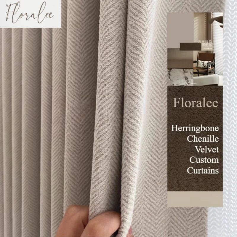 Custom Size Herringbone Thicke Beige Chenille Curtains
