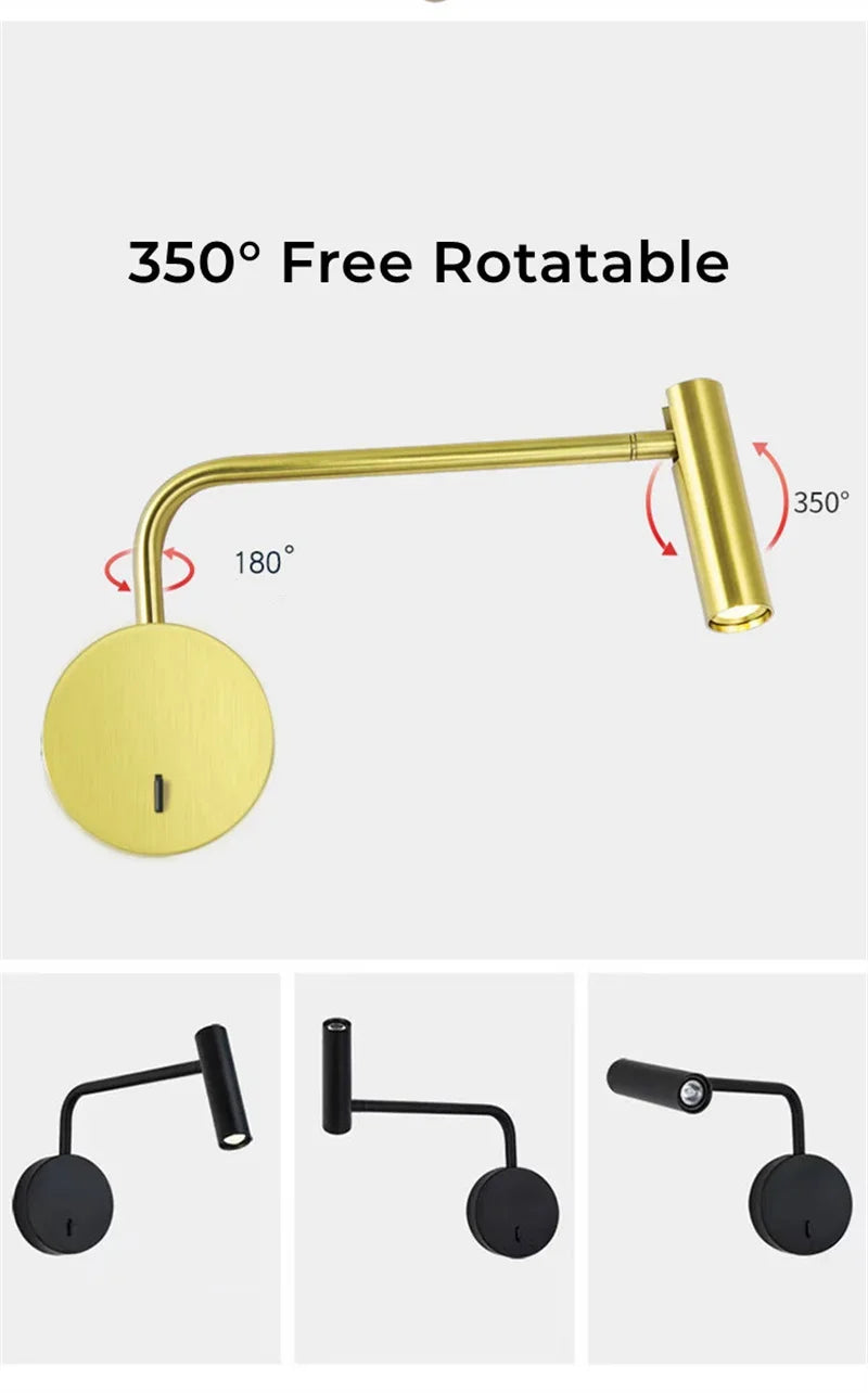 Modern Swing Arm Reading Wall Lamp Hotel Rooms Lamp 3W LED Adjustable