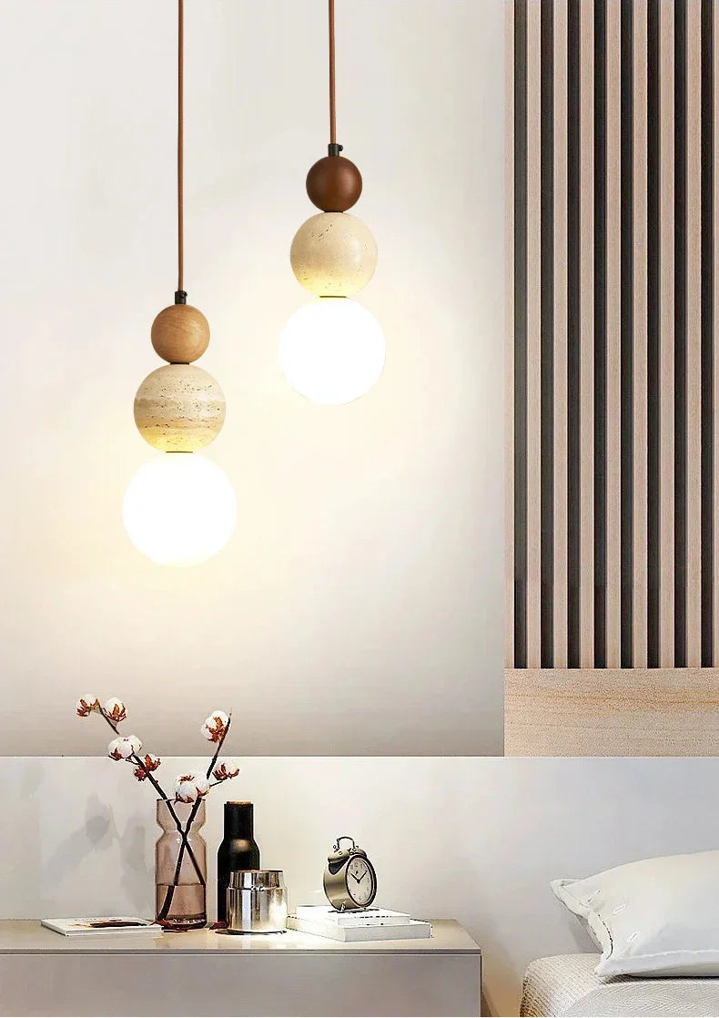 Cream Style Pendant Lamp Bedroom Bedside Led Chandelier Stone Wood