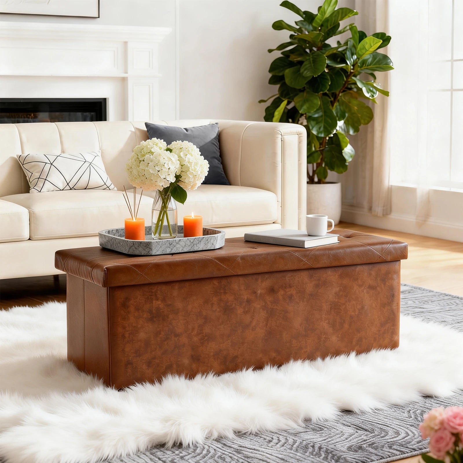 Folding Faux Leather Storage Bench