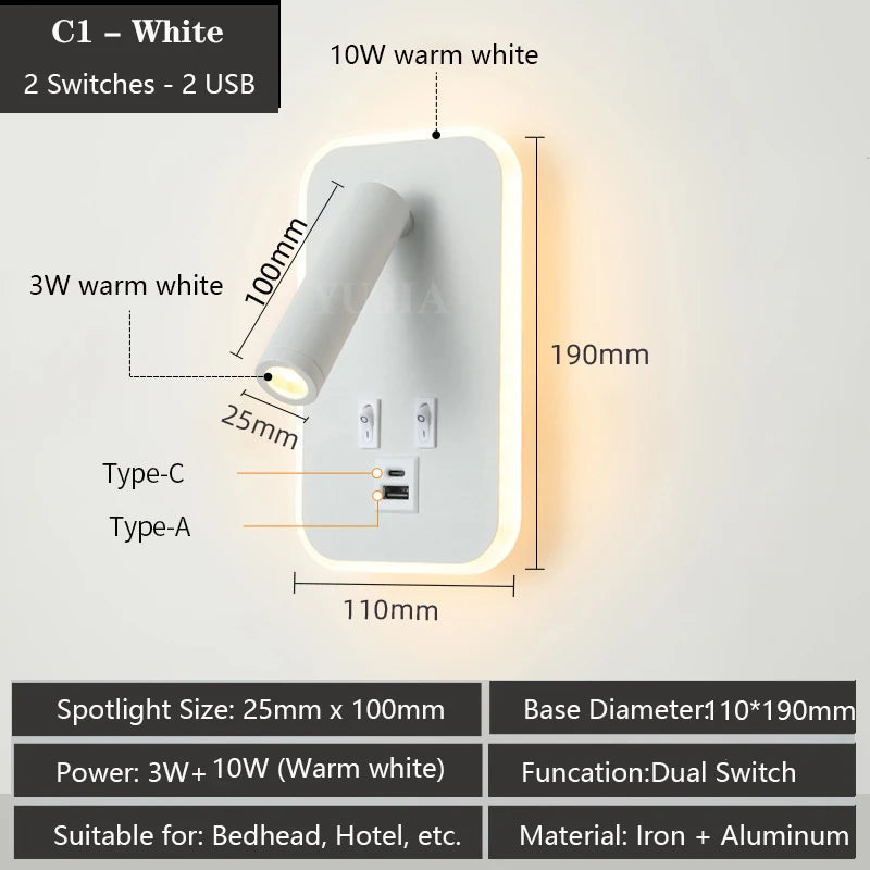 Modern Led Wall Sconce Reading Light 2 Switches Type-A & Type-C USB