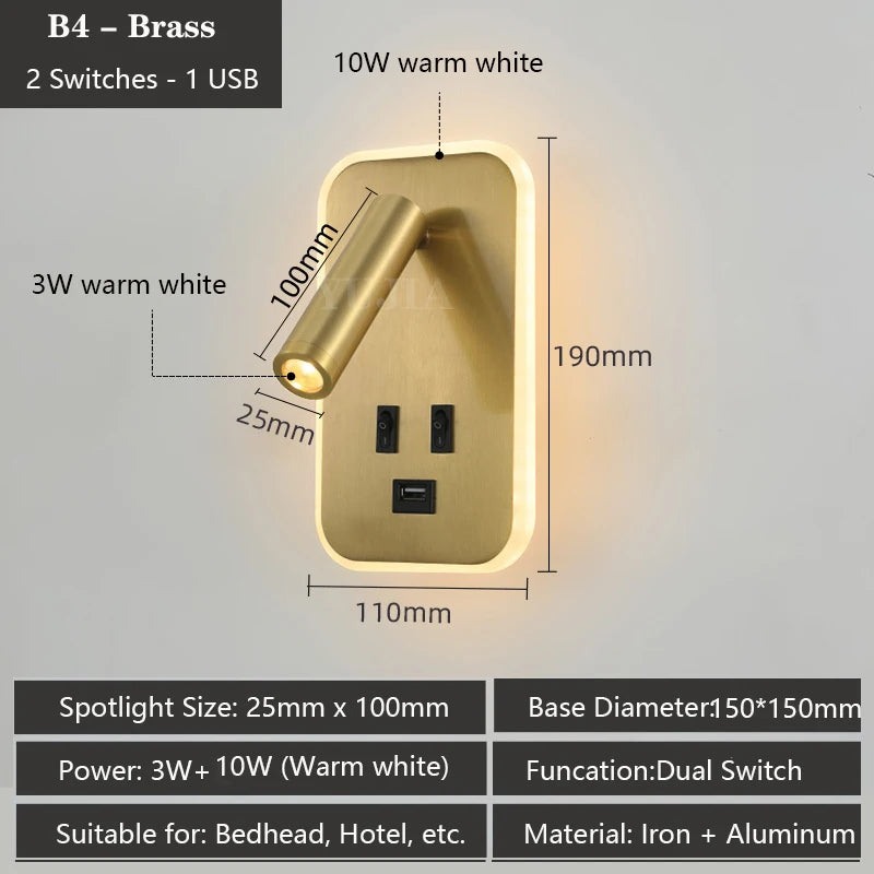 Modern Led Wall Sconce Reading Light 2 Switches Type-A & Type-C USB