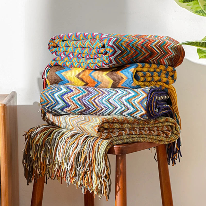 Boho Striped Knit Throw Blanket