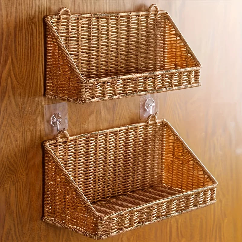 Wall Mounted Woven Basket with Hooks