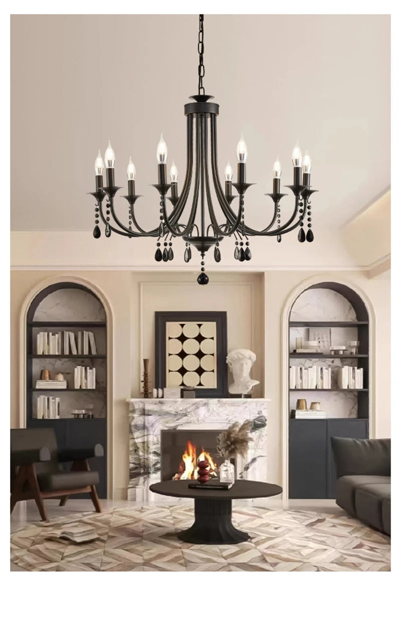 New Wrought Iron Crystal Chandelier European Classic Black Candle Lamp