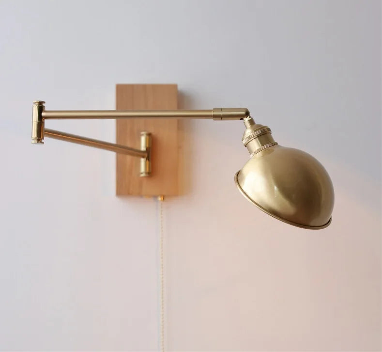 IWHD Walnut Ash Wood Canopy LED Wall Light Fixtures Pull Chain Switch Copper Arm Left Right Rotate Bedroom Beside Lamp Sconce