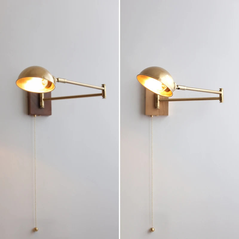 IWHD Walnut Ash Wood Canopy LED Wall Light Fixtures Pull Chain Switch Copper Arm Left Right Rotate Bedroom Beside Lamp Sconce