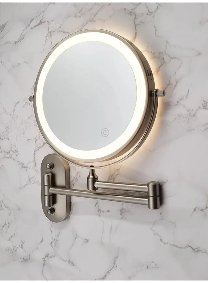 Golden Wall Mounted Folding Vanity Mirror, Double Sided with Fill Light