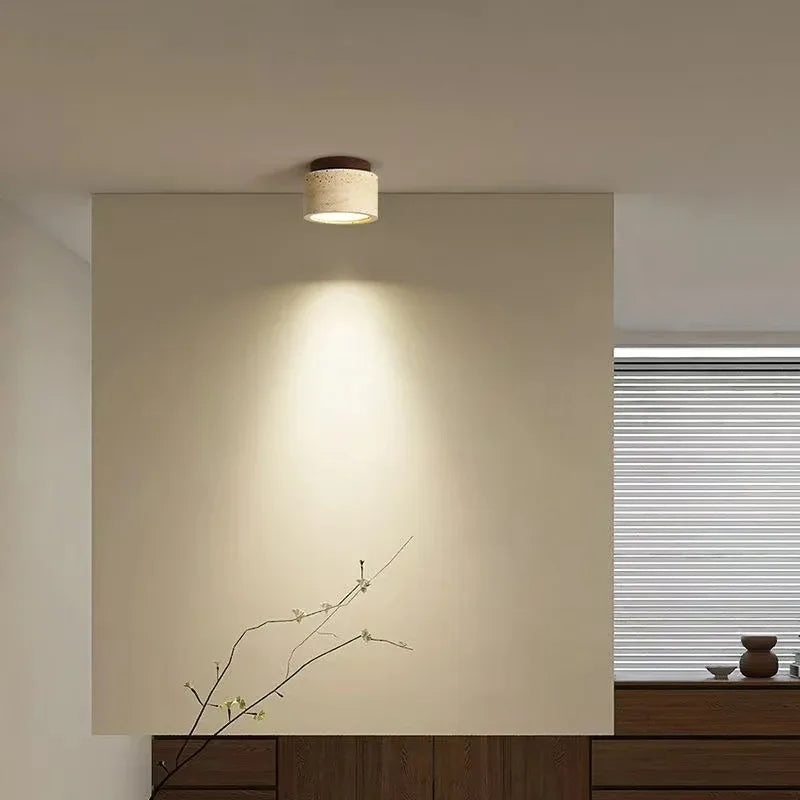 Travertine Wood Round Ceiling Light