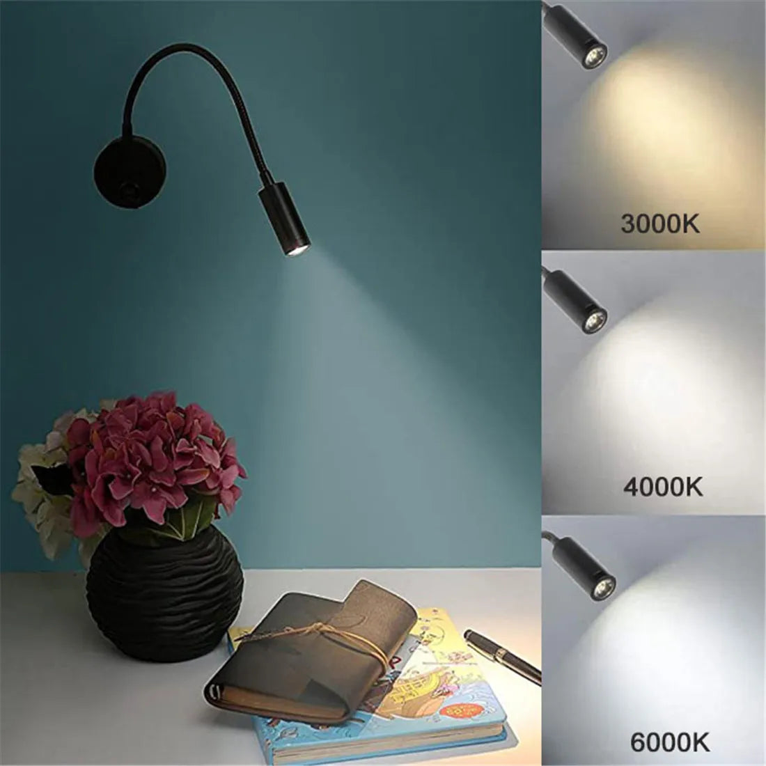 Bronze 3W LED Reading Light Black White Silver Gooseneck Wall Lamp