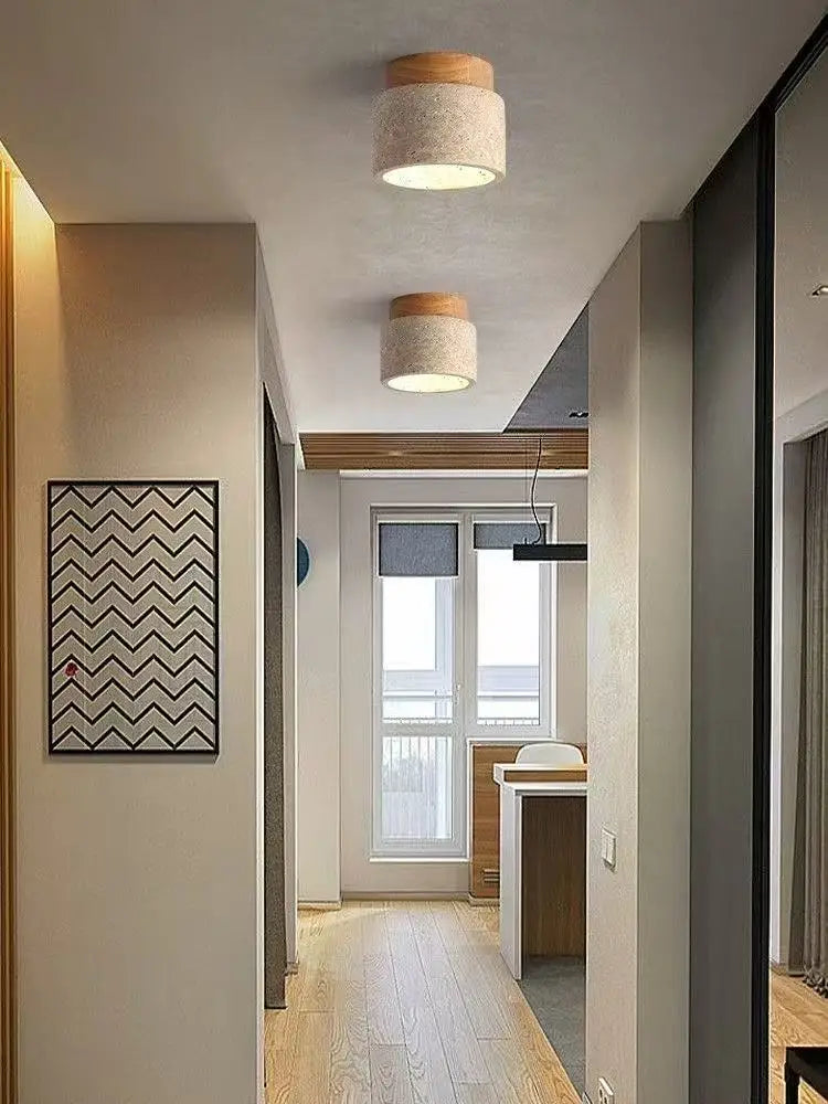 Travertine Wood Round Ceiling Light