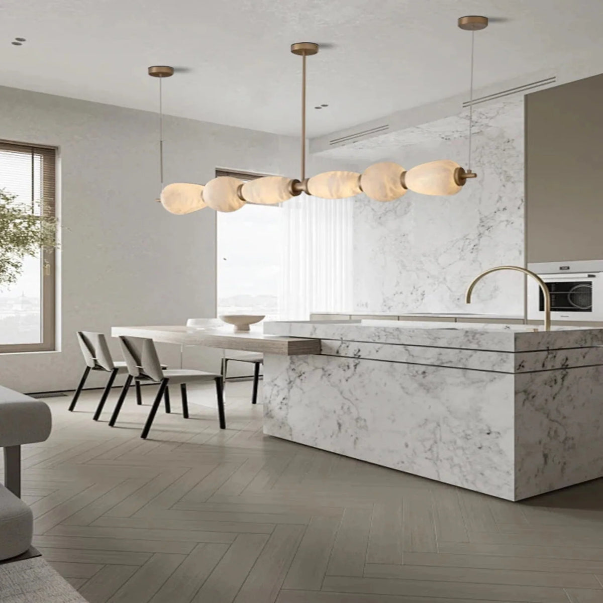Long Natural Marble Pendant Light with Gold Shade