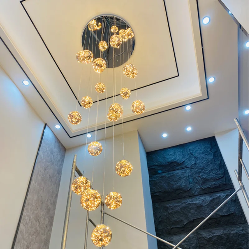 Cascading Glass Globe Chandelier, Staircase Suspension Light, view 4