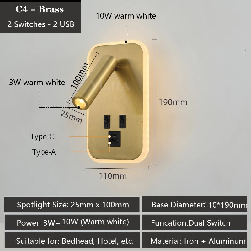 Modern Led Wall Sconce Reading Light 2 Switches Type-A & Type-C USB