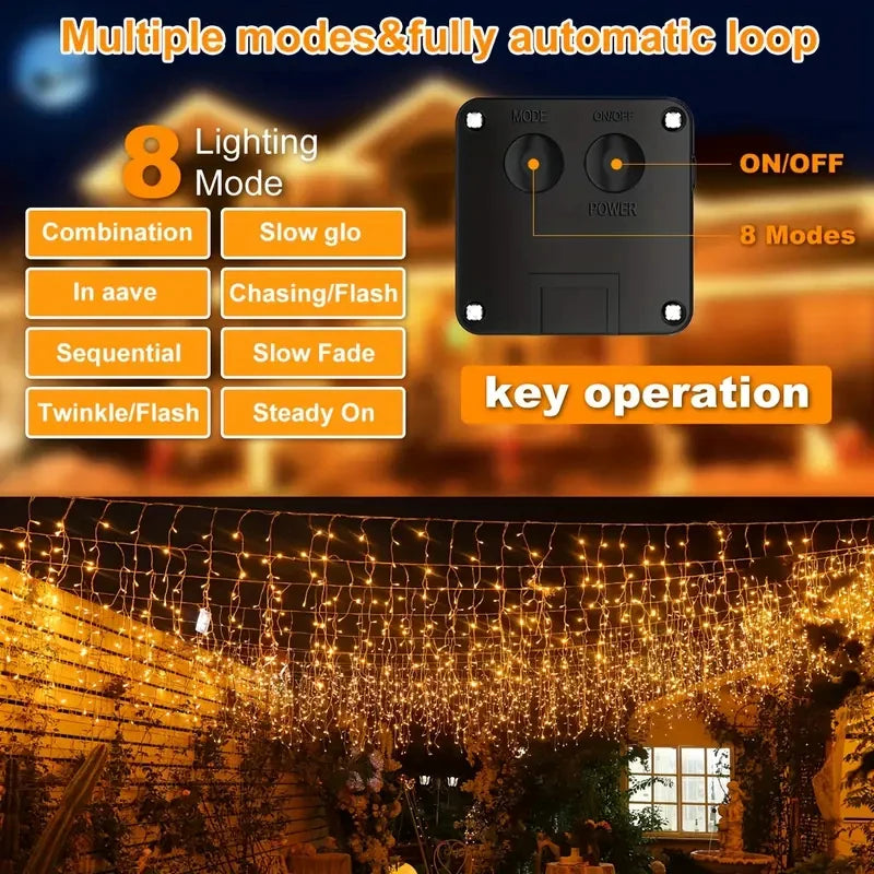 NEW Solar Christmas Icicle Lights 162 LED 8 Modes Waterproof Curtain String Lights for Outdoor Garden Room Holiday Lighting