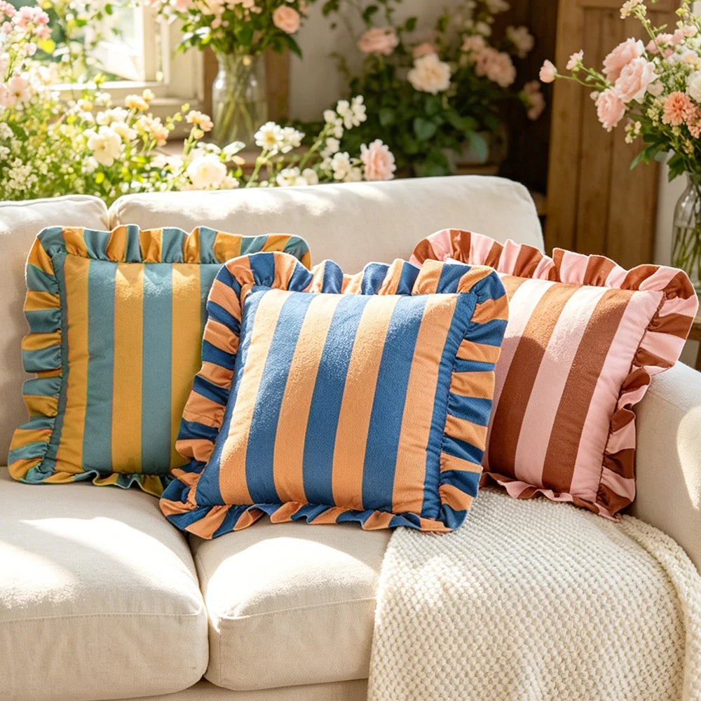 1PC Striped Lace Velvet Pillowcase 18X18Inch Pillowcases Soft Cozy