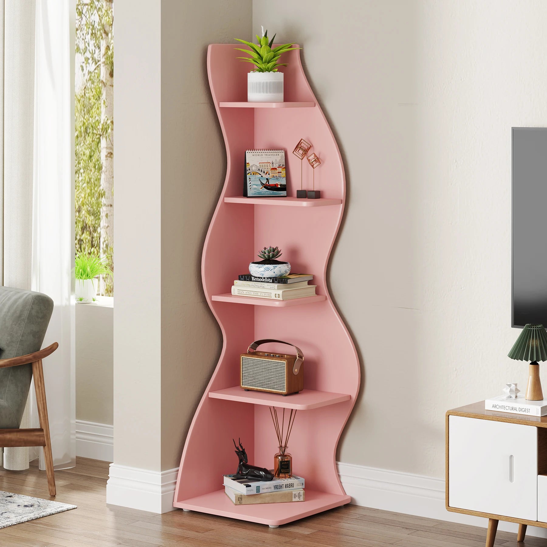 Five Tier Wavy Corner Bookshelf