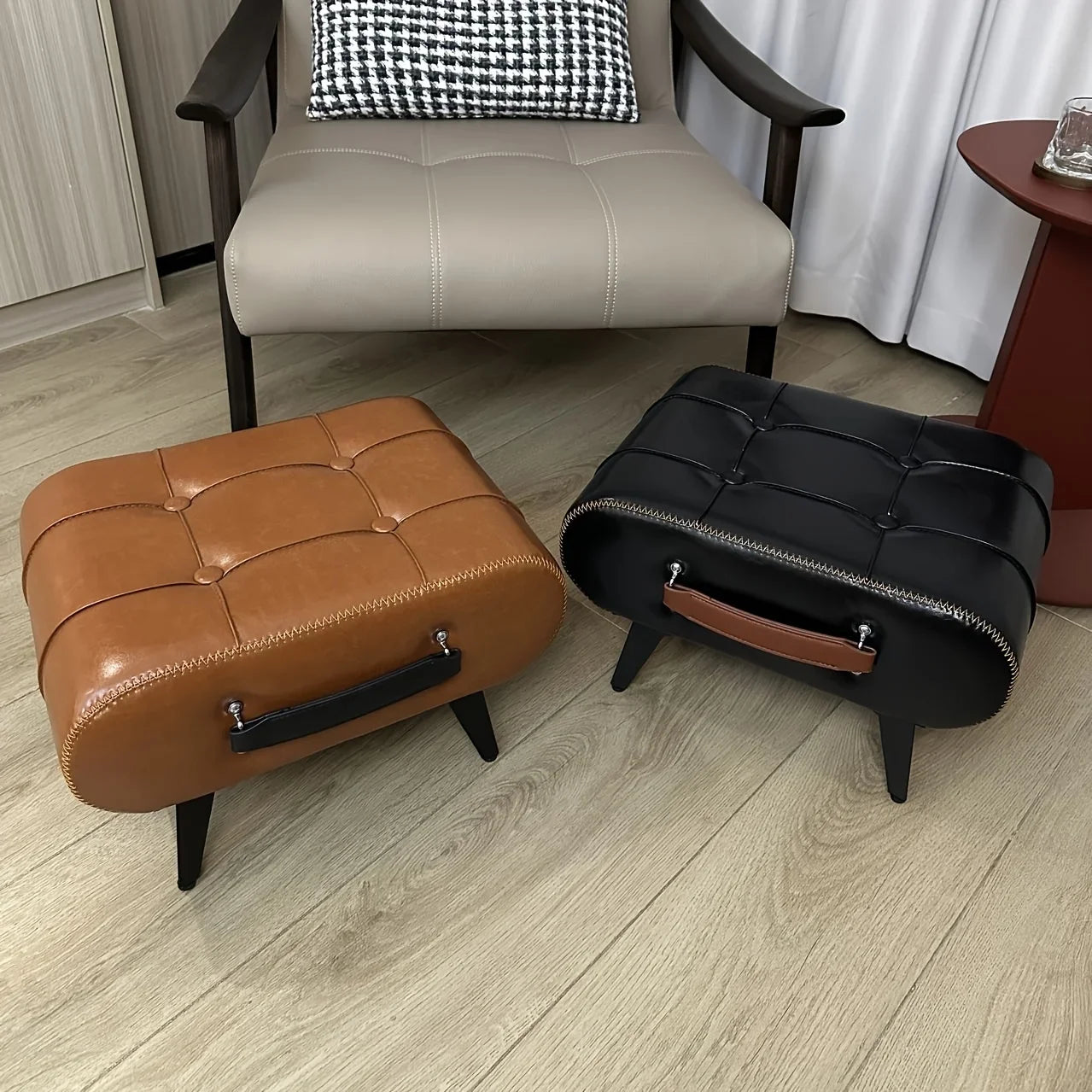 Oil and Wax Leather Low Stool Footrest