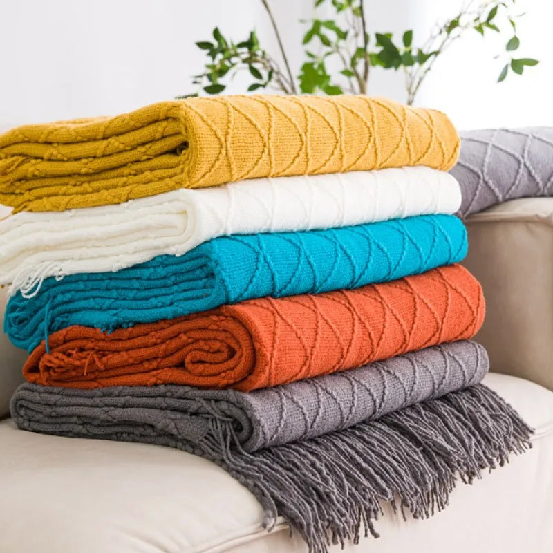 Khaki Gift Knitted Blanket with Tassels Chunky Vintage Luxury