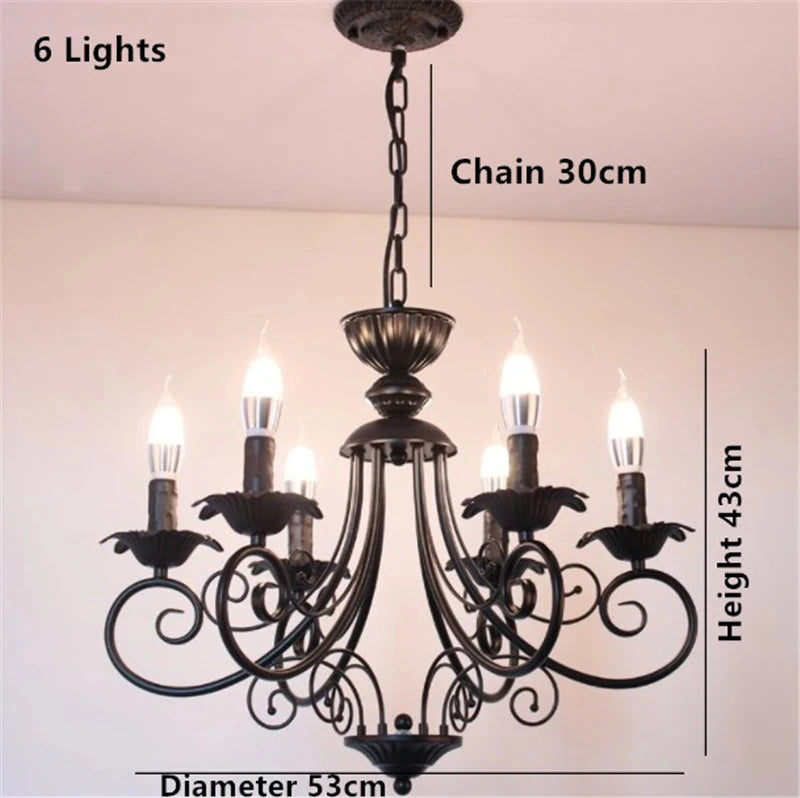 Classic Europe Wrought Iron Chandeliers E14 Candle Light Vintage Black
