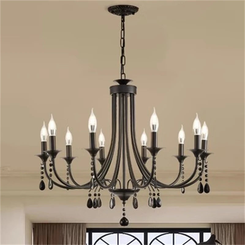 New Wrought Iron Crystal Chandelier European Classic Black Candle Lamp