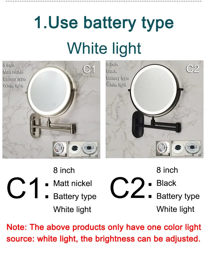 Golden Wall Mounted Folding Vanity Mirror, Double Sided with Fill Light