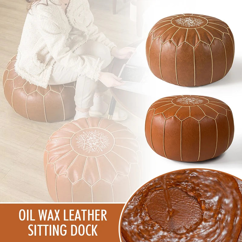 Embroidered Moroccan Leather Pouf Cover