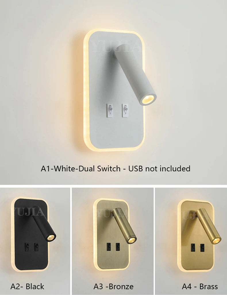 Modern Led Wall Sconce Reading Light 2 Switches Type-A & Type-C USB