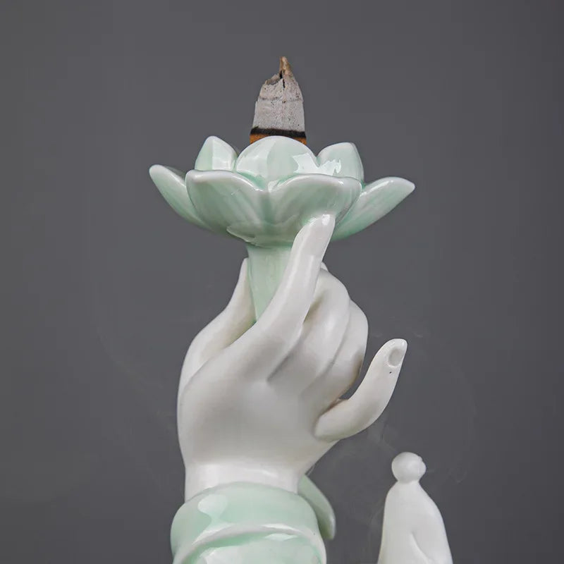 Celadon Lotus Hand Backflow Incense Burner