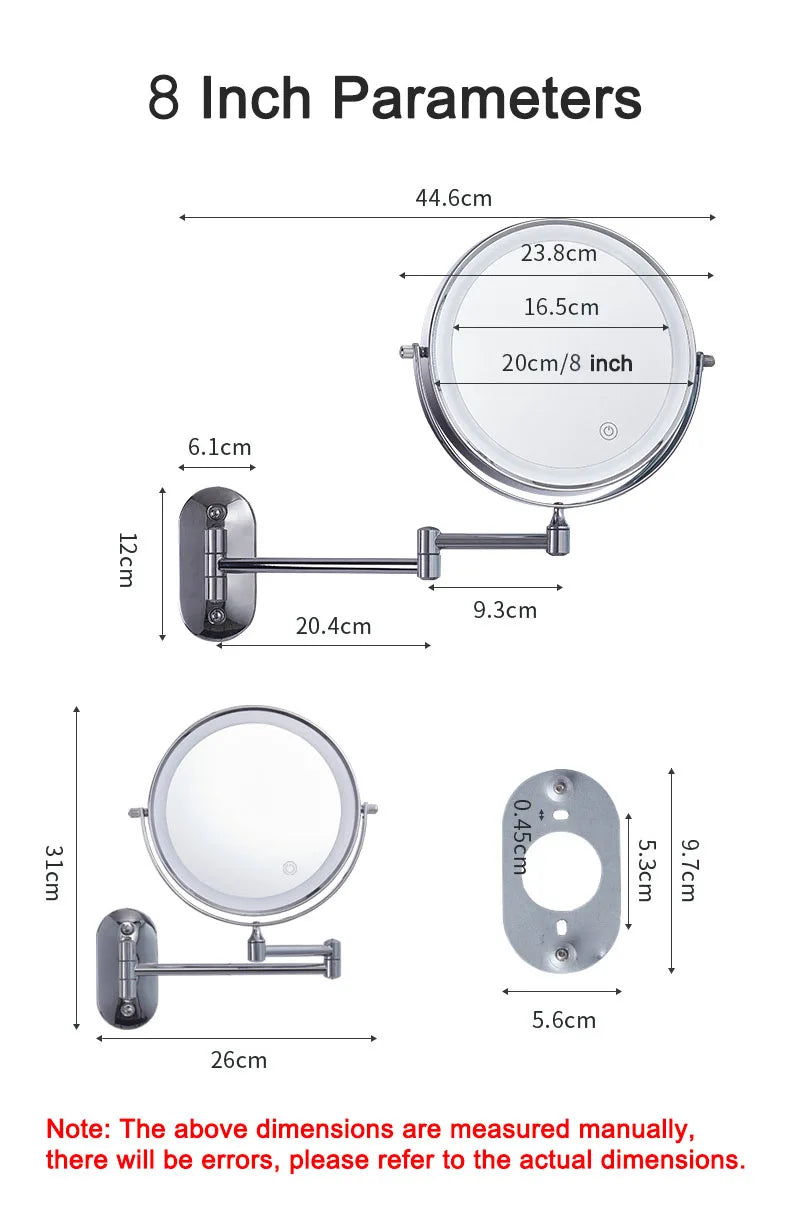 Wall Mounted Folding Makeup Mirror, Double Sided with Fill Light