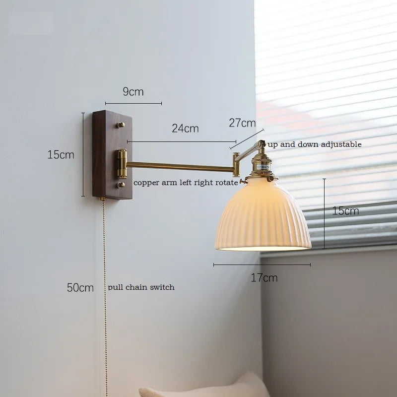 IWHD Walnut Ash Wood Canopy LED Wall Light Fixtures Pull Chain Switch Copper Arm Left Right Rotate Bedroom Beside Lamp Sconce