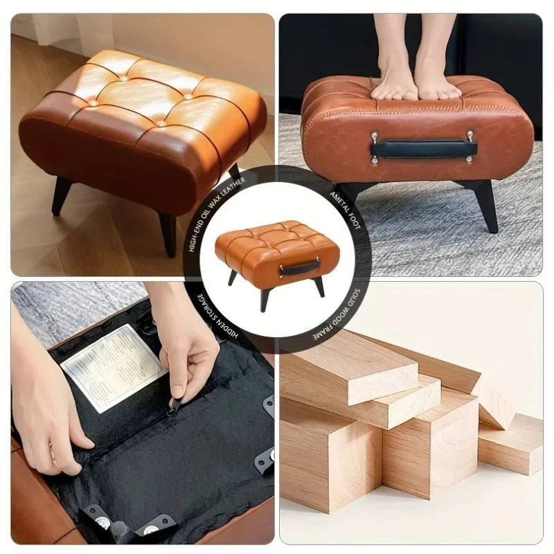 Oil and Wax Leather Low Stool Footrest