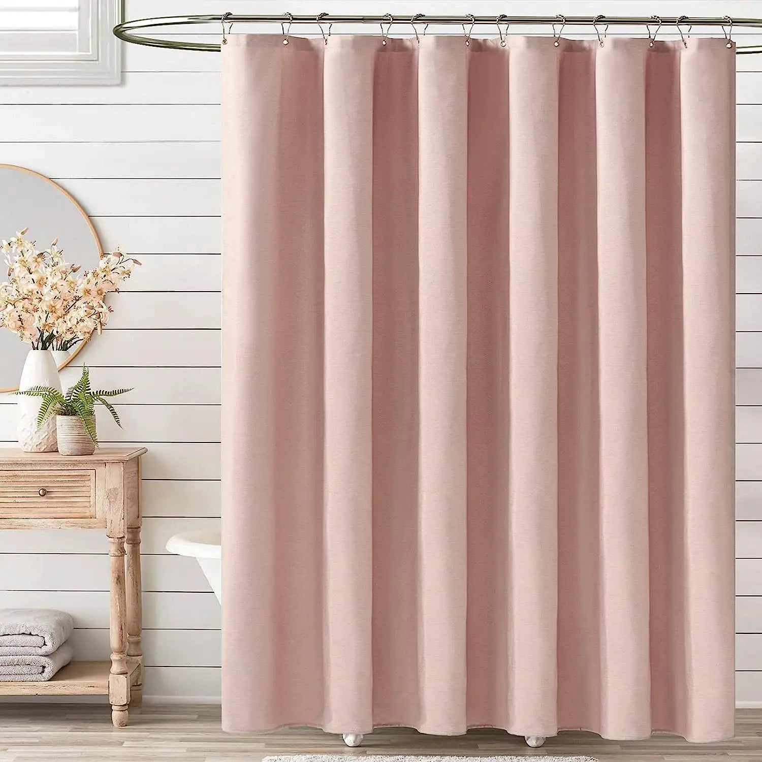 Luxury Linen Shower Curtain with Silver Metal Hooks Bathroom Waterproof
