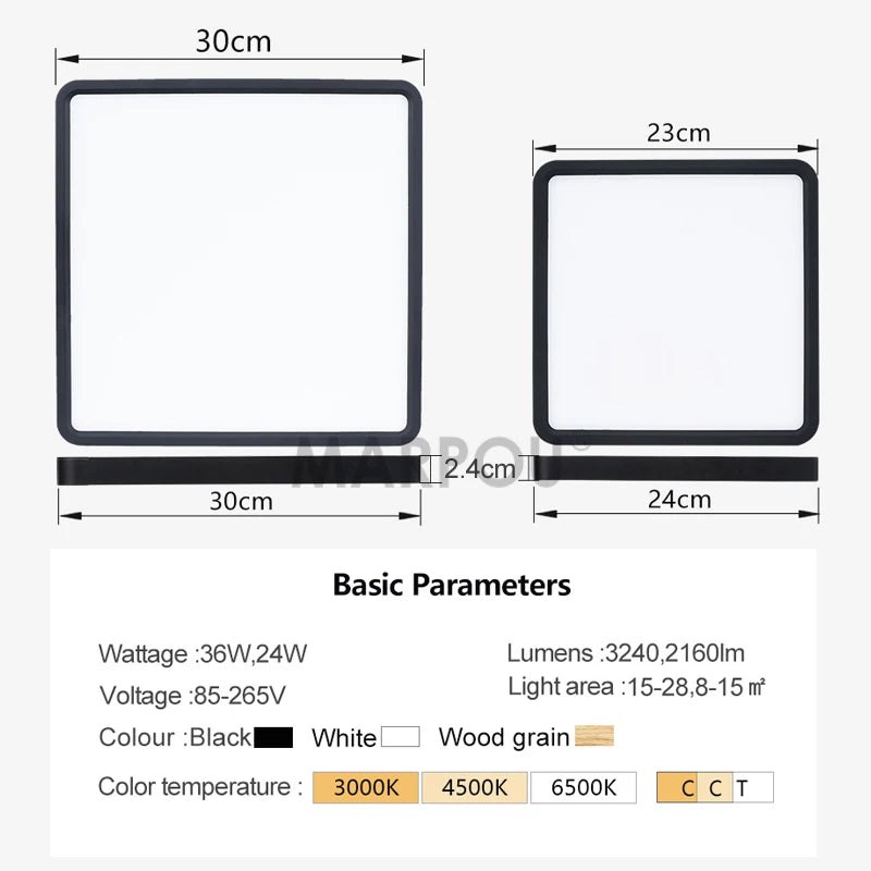 Ultrathin Square Wood Grain Ceiling Light