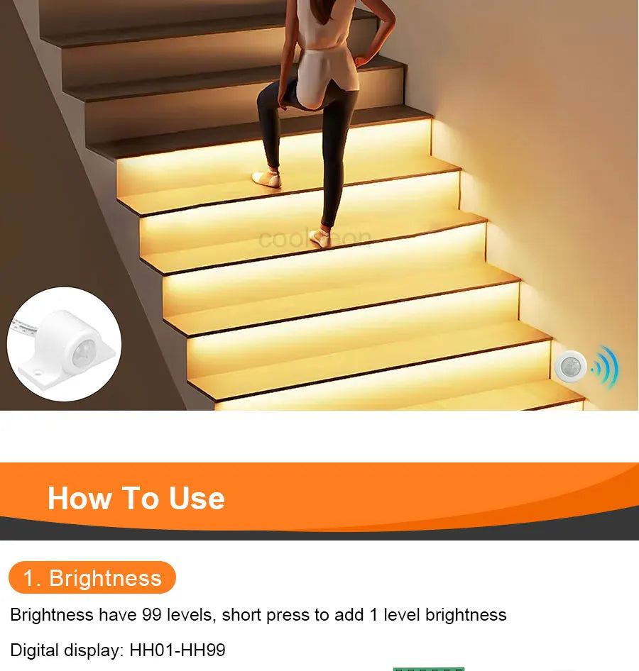 COB LED Strip PIR Motion Sensor Stair Lights Kit Step by Step Control
