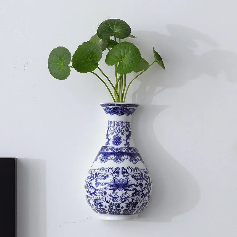 Ceramic vase, antique blue and white porcelain flower container