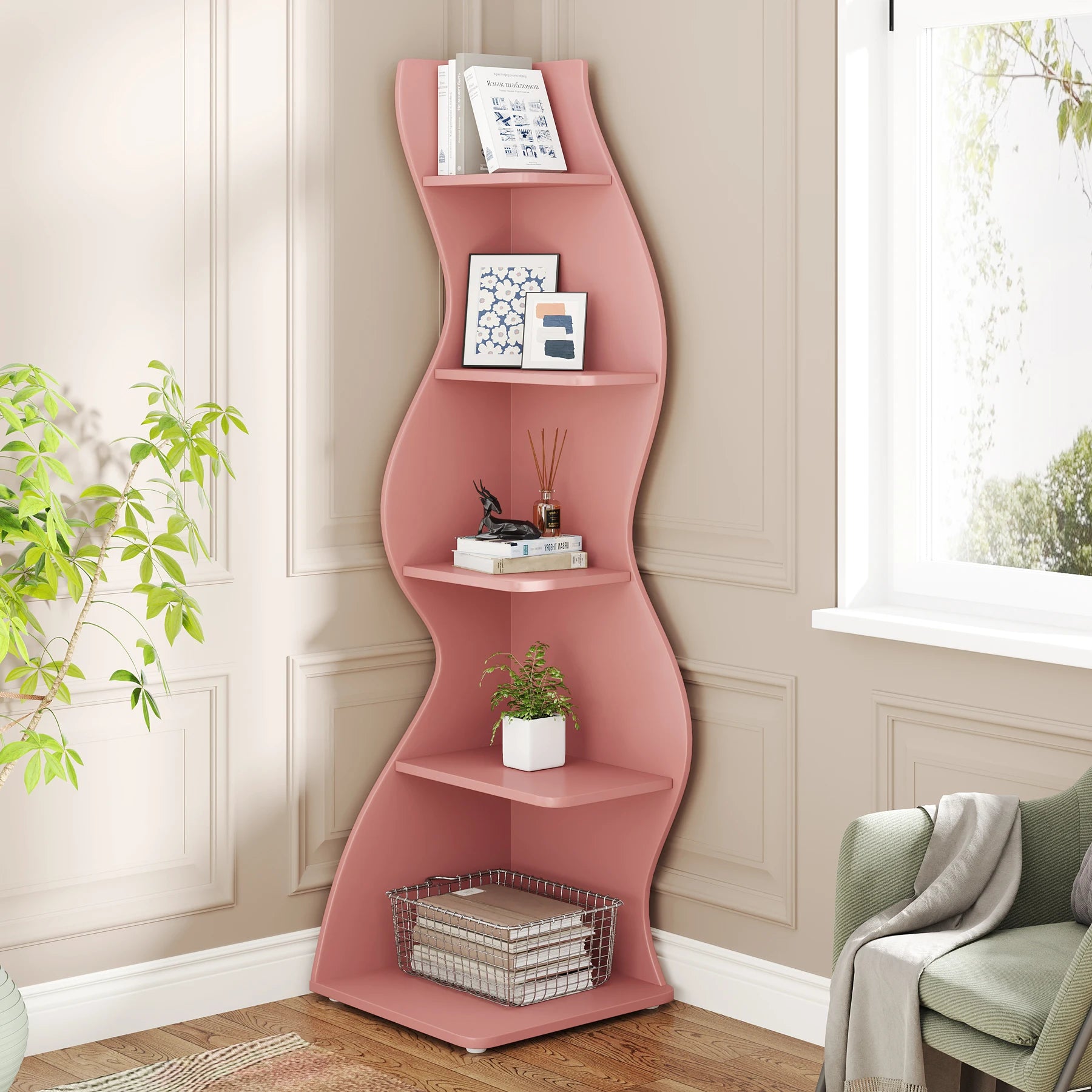 Five Tier Wavy Corner Bookshelf