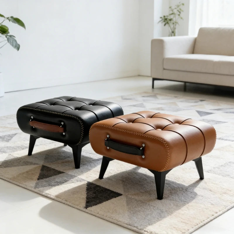 Oil and Wax Leather Low Stool Footrest