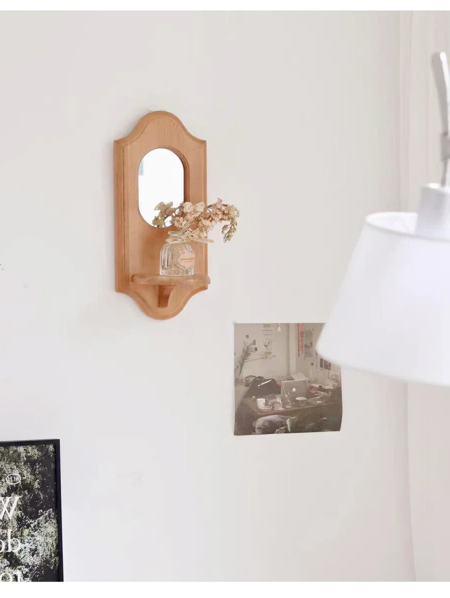 Vintage Solid Wood Wall Mirror with Shelf and Candlestick