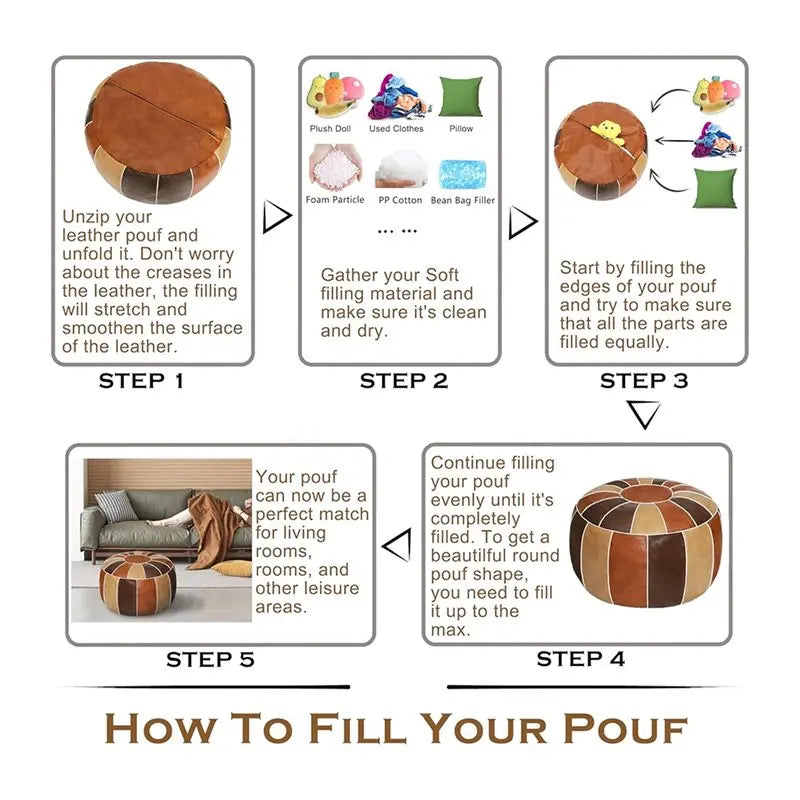 A76X-Unstuffed Faux Leather Moroccan Storage Pouf Foot Stool Ottoman Seat Handmade Bean Bag Floor Chair Foot Rest