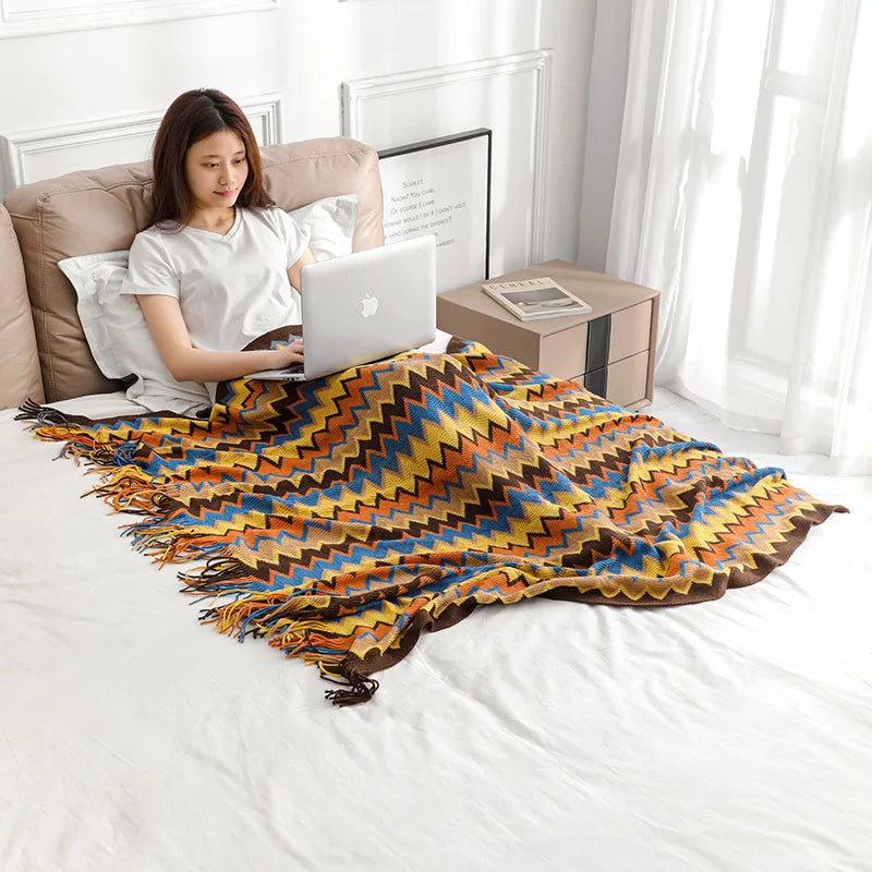 Boho Striped Knit Throw Blanket