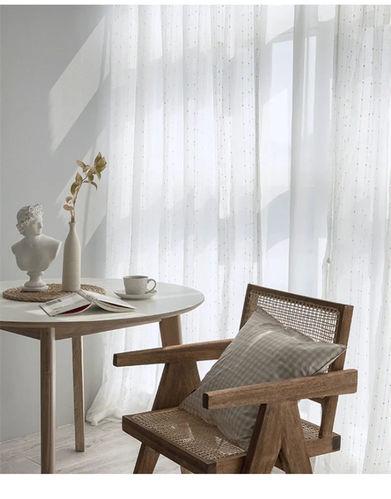 White Jacquard Window Screens Stripe Embroidered Curtains Tulle