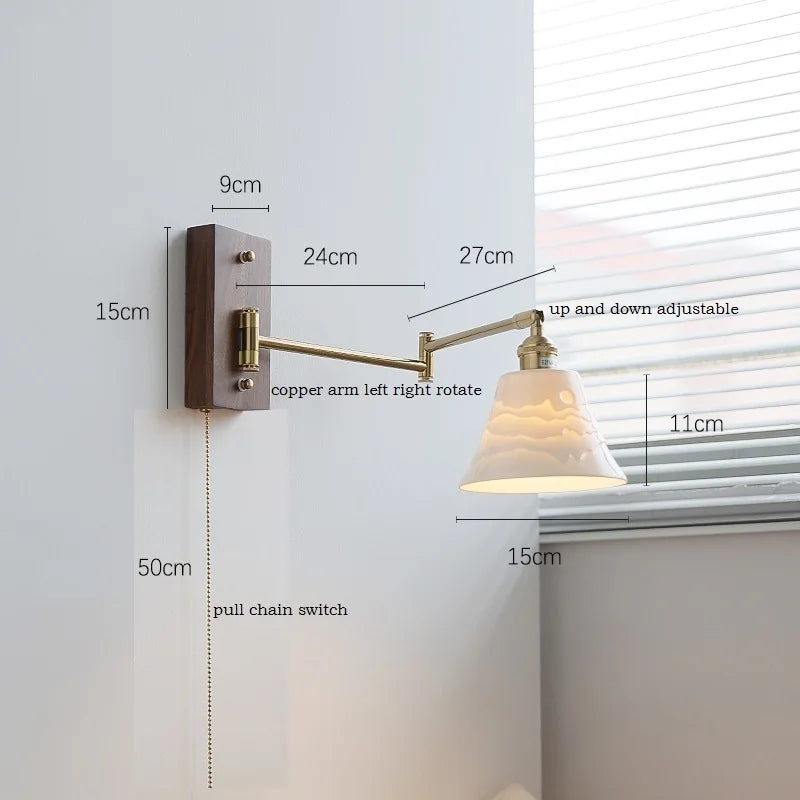 IWHD Walnut Ash Wood Canopy LED Wall Light Fixtures Pull Chain Switch Copper Arm Left Right Rotate Bedroom Beside Lamp Sconce
