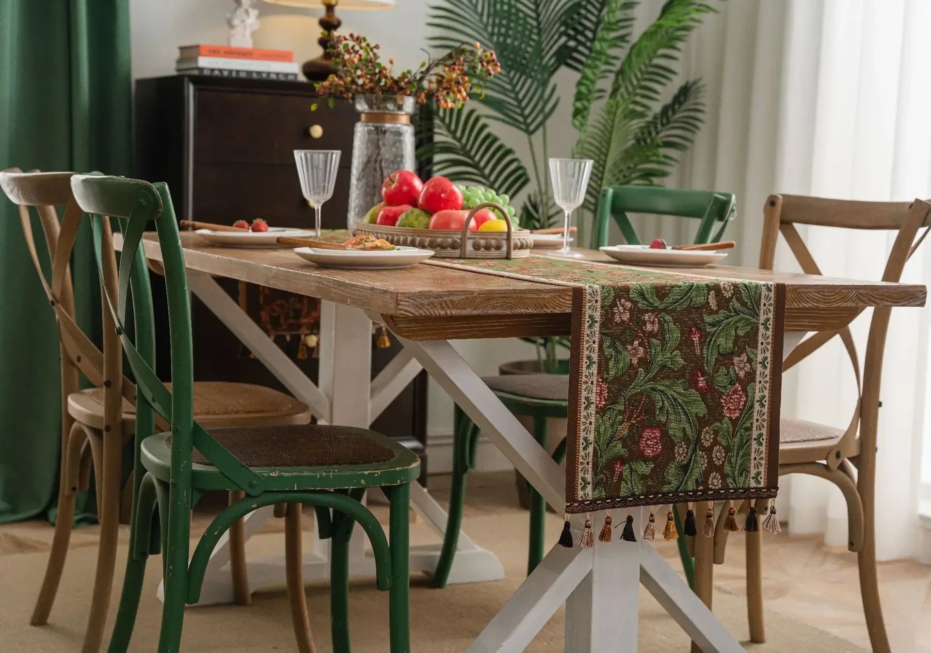 Plant Flower Table Runner with Tassels Jacquard Living Room Cabinet