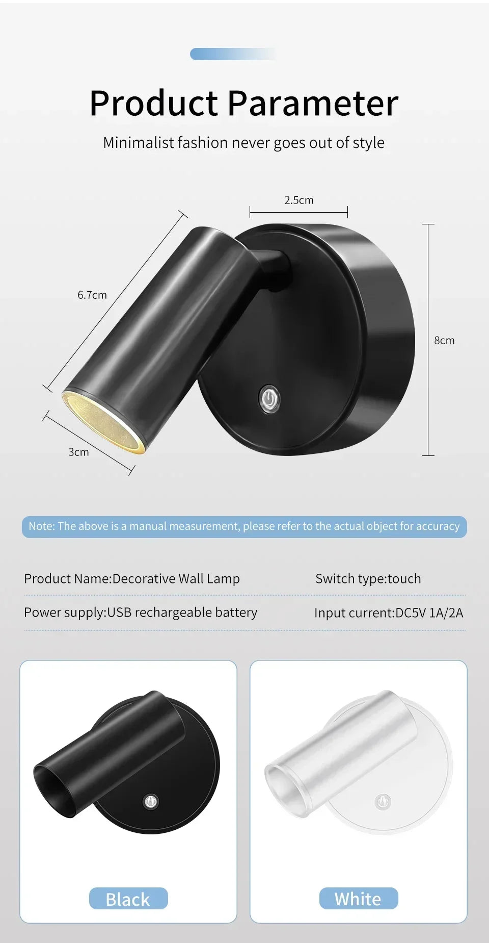 Touch Sensor USB Rechargeable LED Wall Lamp