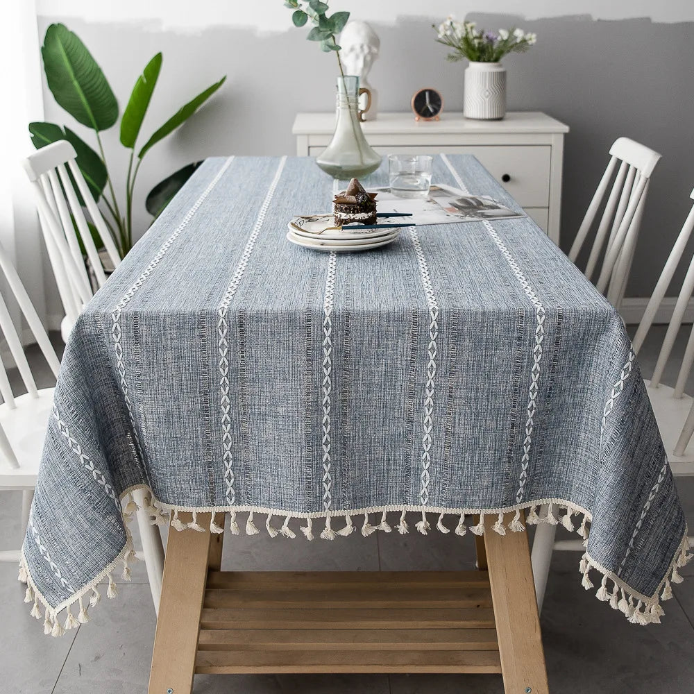 Cotton Linen Stripe Tassel Tablecloth Stain Resistant Dust-Proof Table