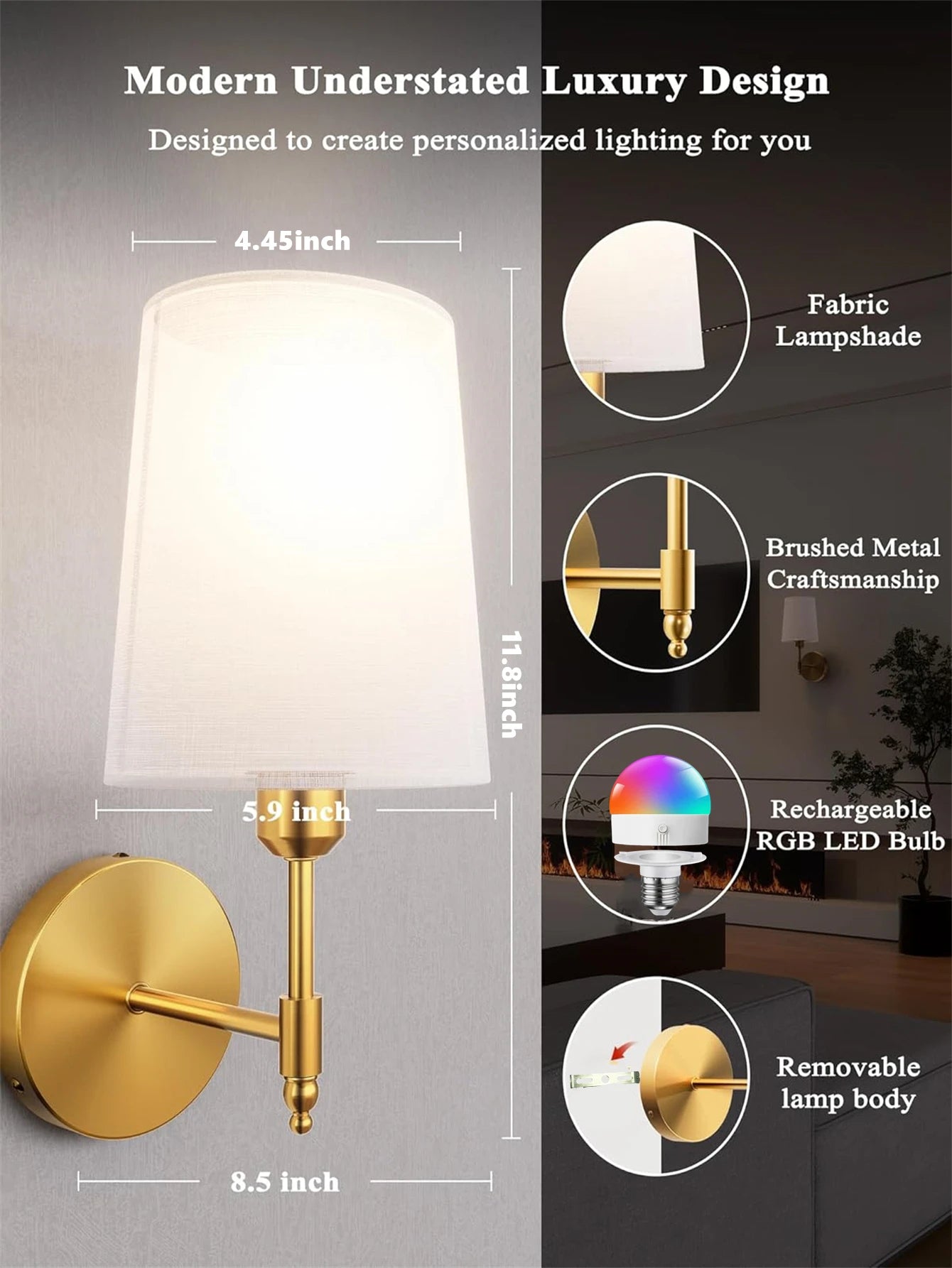 Wireless Rechargeable Battery Powered Wall Light, 4000mAh