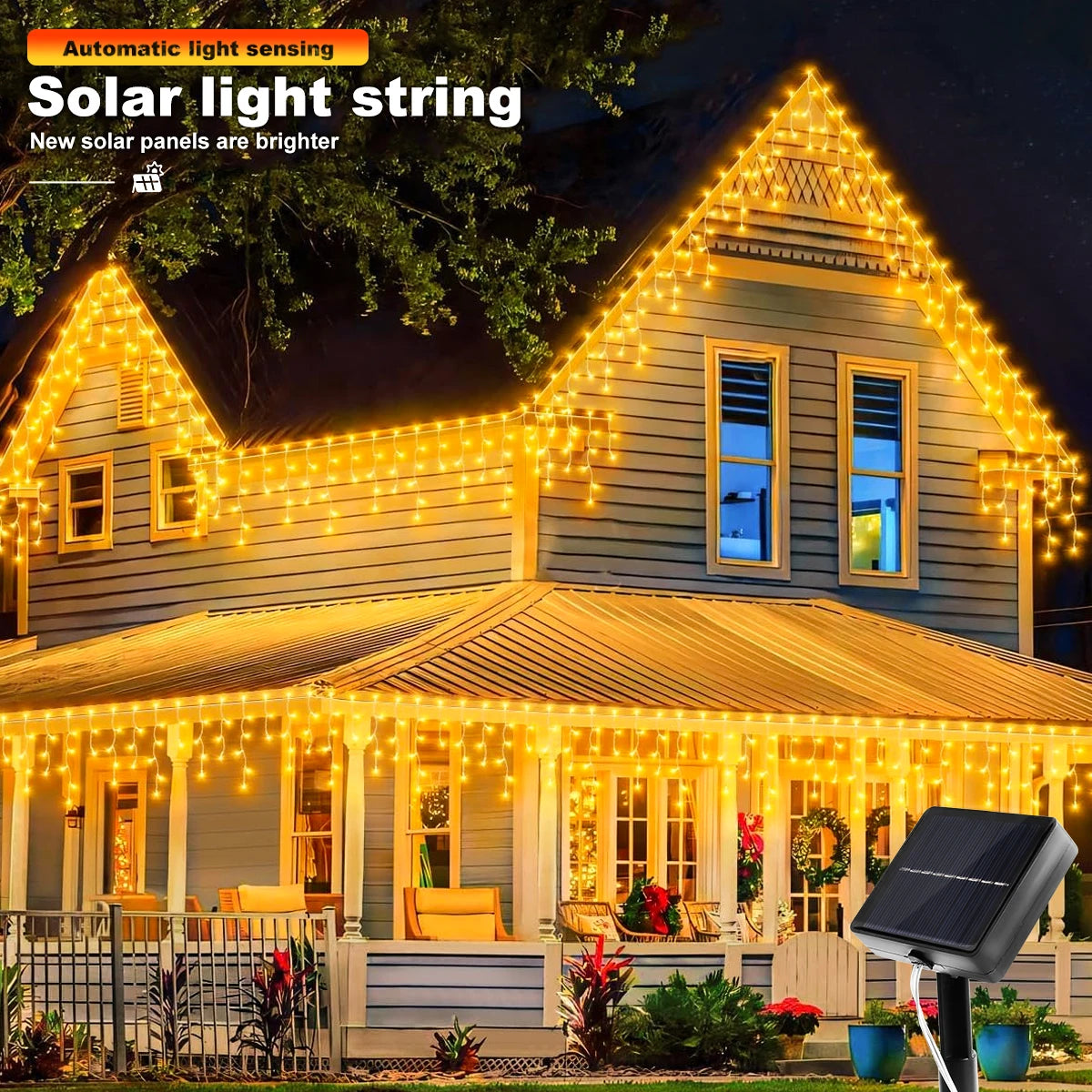 NEW Solar Christmas Icicle Lights 162 LED 8 Modes Waterproof Curtain String Lights for Outdoor Garden Room Holiday Lighting